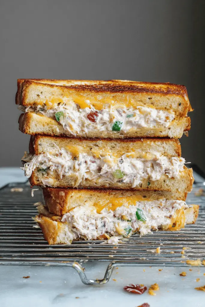 Close-up of a jalapeño tuna melt sandwich with melted cheddar cheese and fresh jalapeños, served on a plate.