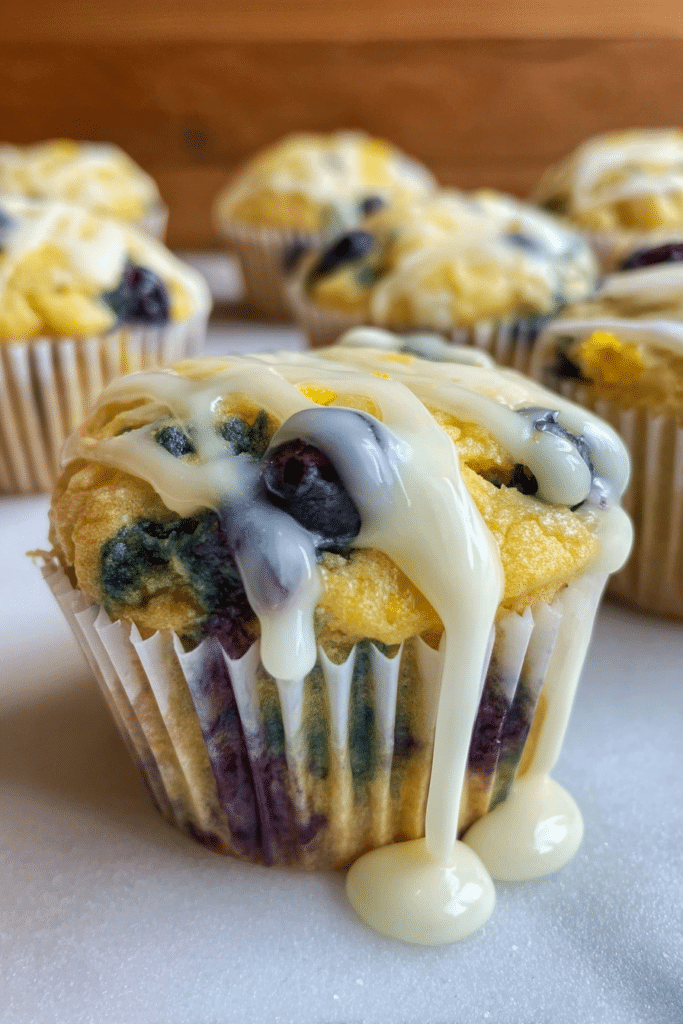 Close-up of lemon blueberry cupcakes with frosting, fresh blueberries, and lemon slices on a pastel plate.