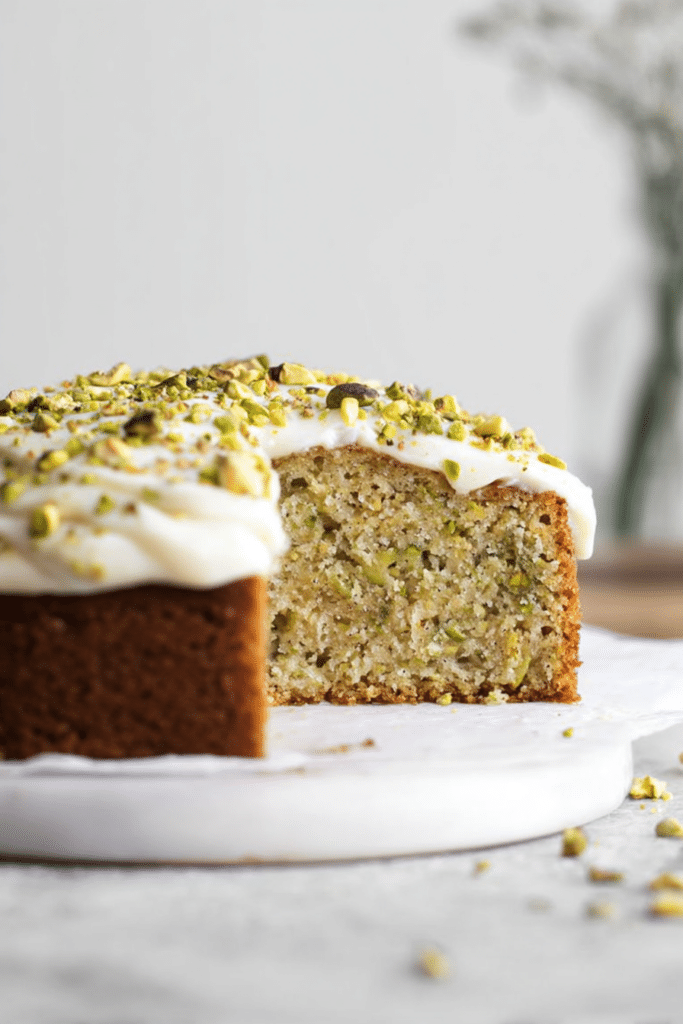 Slice of lemon pistachio cake with mascarpone frosting beside fresh lemons and pistachios.