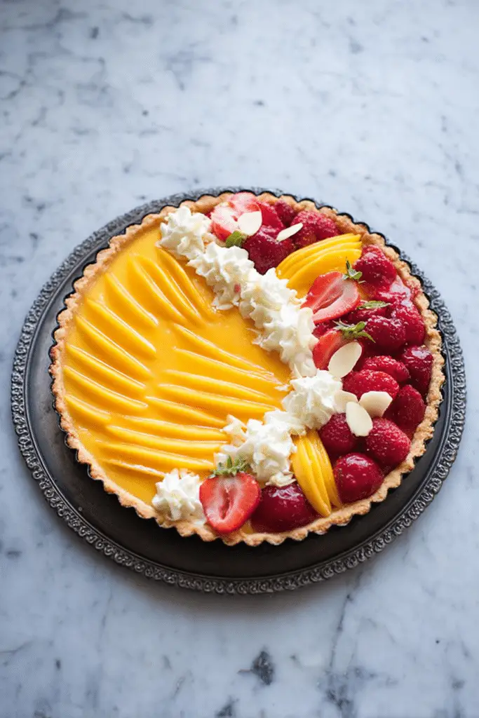 Mango curd tart with fresh fruit toppings on a rustic wooden table.