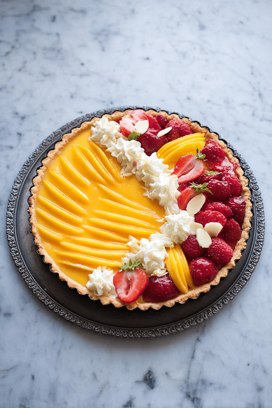 Mango curd tart with fresh fruit toppings on a rustic wooden table.