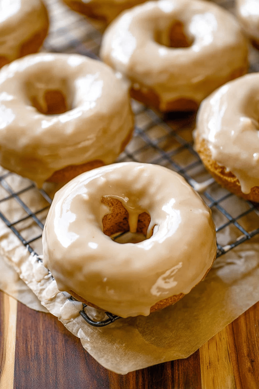 Delicious maple glazed donuts topped with walnuts on a wooden table.