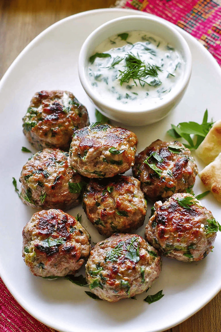 Delicious Mediterranean lamb meatballs garnished with cilantro, served with Greek yogurt on a wooden table.