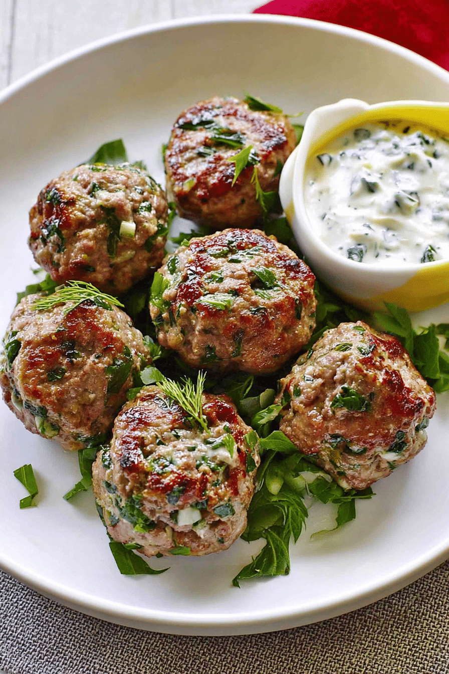 Platter of Mediterranean lamb meatballs garnished with cilantro and served with tzatziki sauce.