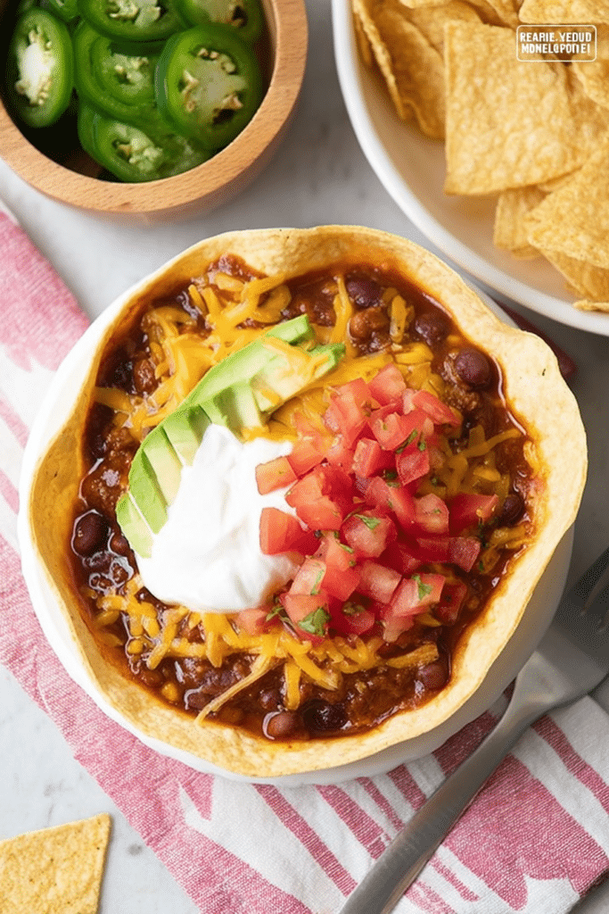Bowl of Mexican chili with toppings in a tostada bowl, showcasing vibrant colors and textures.