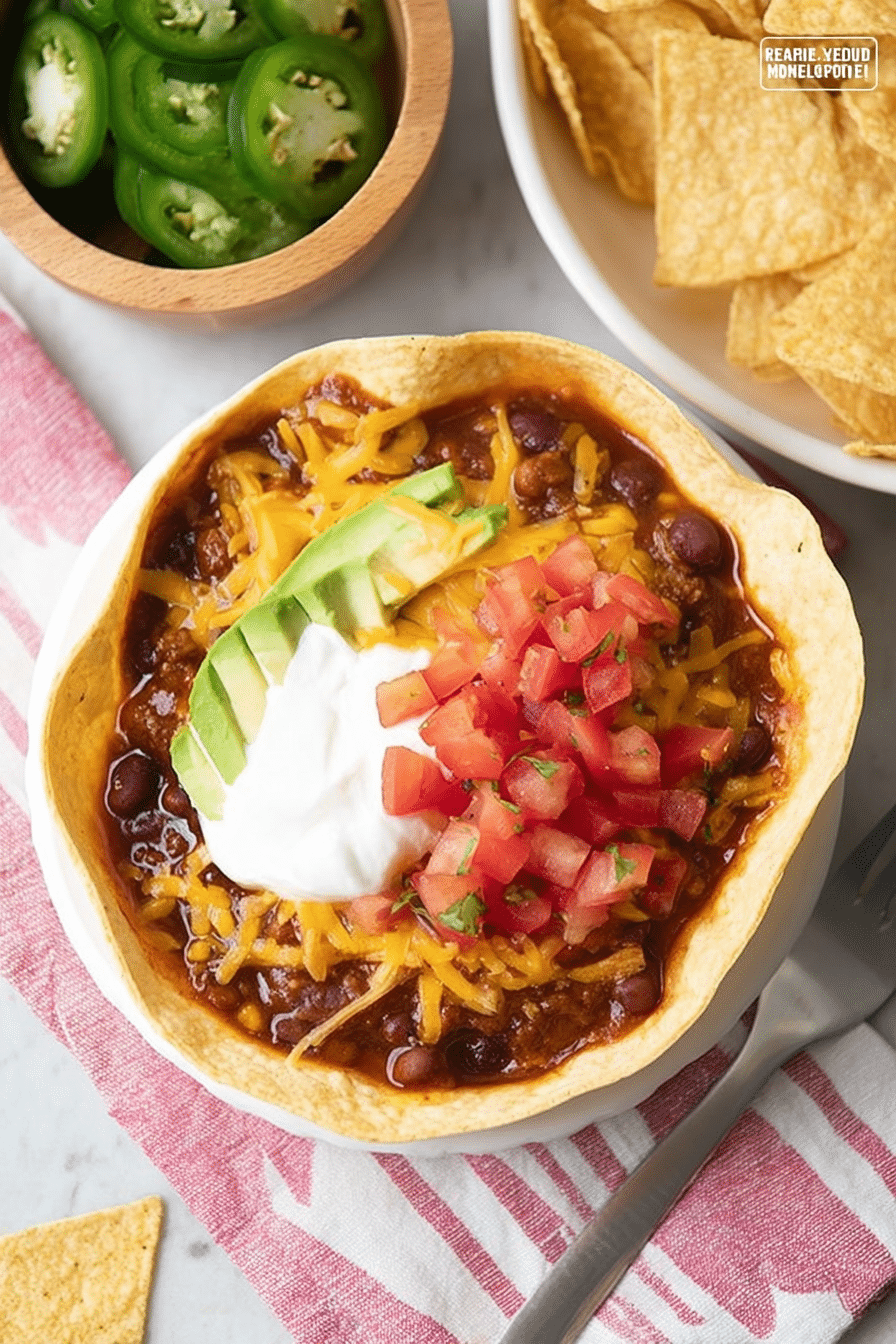 Bowl of Mexican chili with toppings in a tostada bowl, showcasing vibrant colors and textures.