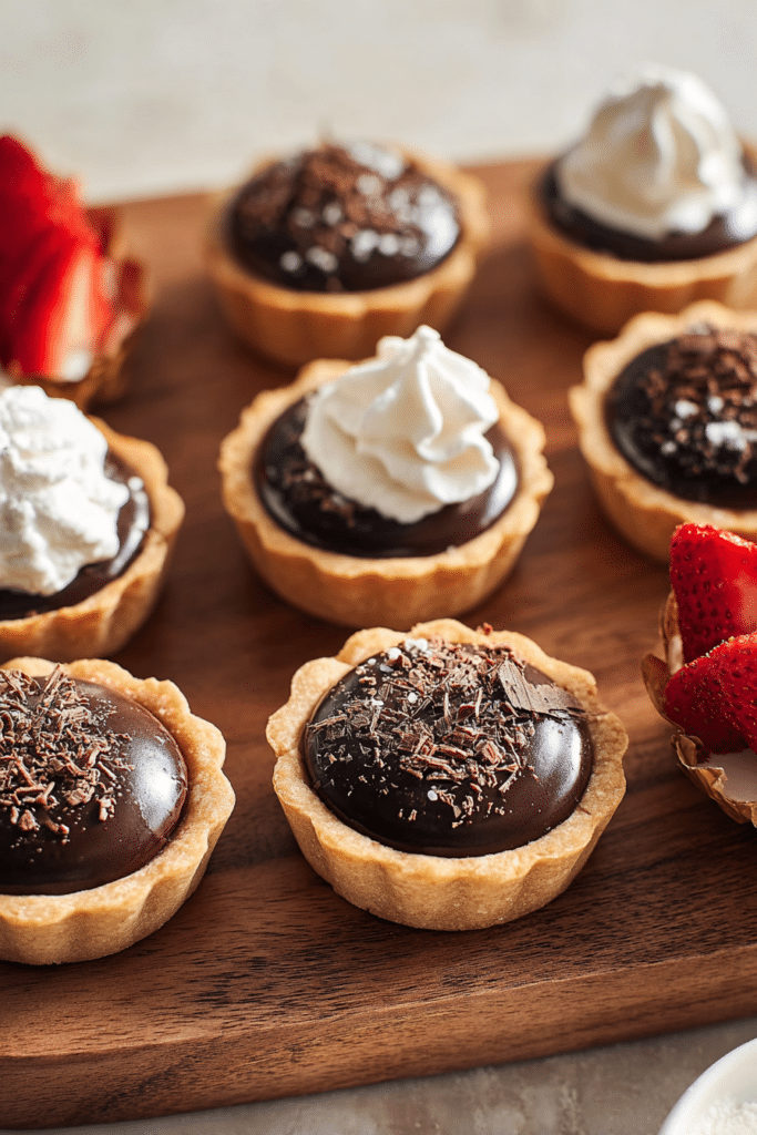 Close-up of a mini chocolate tart topped with whipped cream and strawberries on a wooden table.