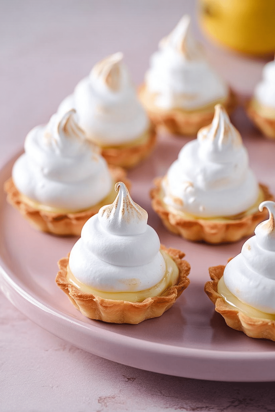 Close-up of mini lemon meringue tarts with creamy lemon curd filling and toasted meringue topping on a decorative plate.