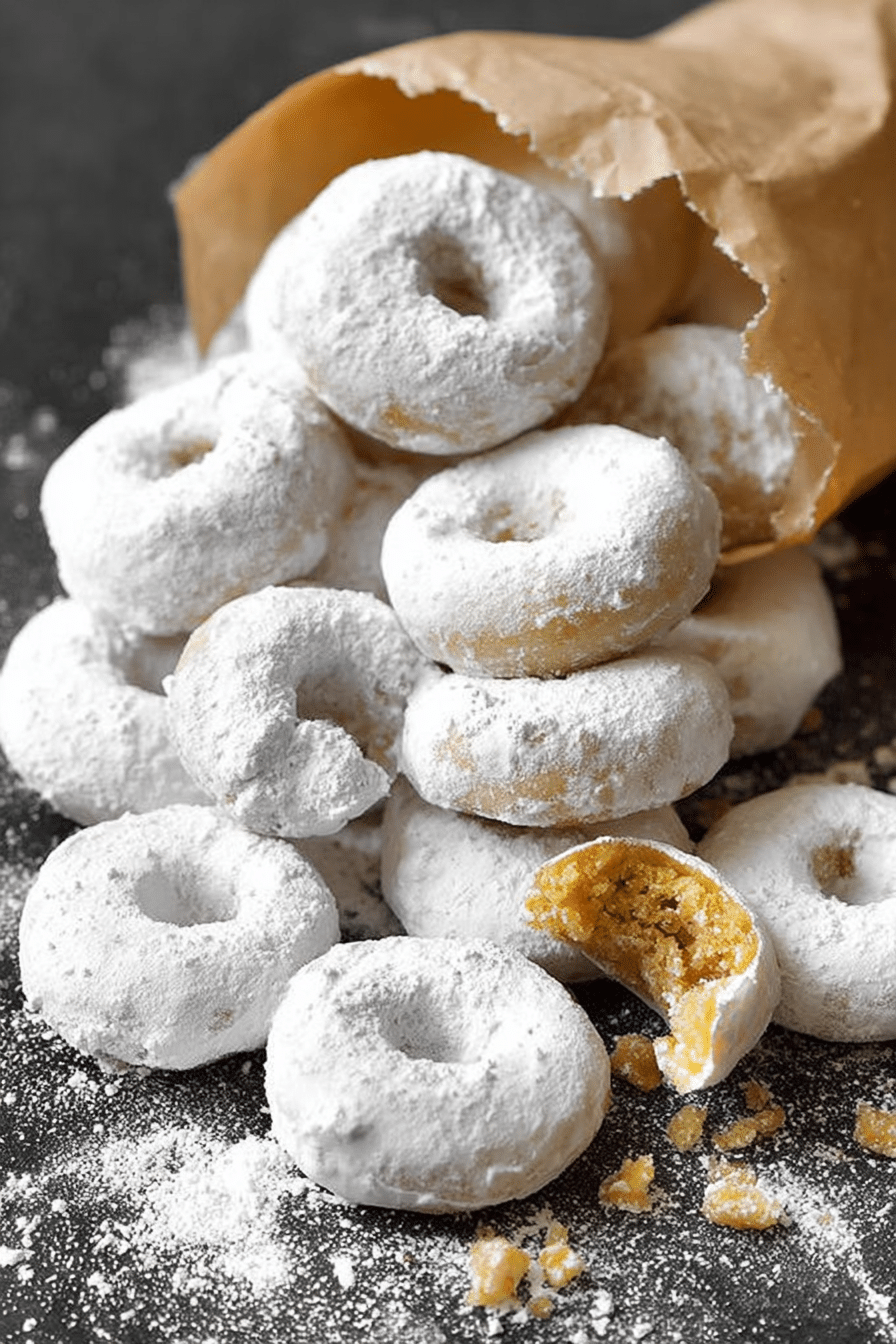 Delicious mini powdered sugar doughnuts stacked on a plate with powdered sugar sprinkles.