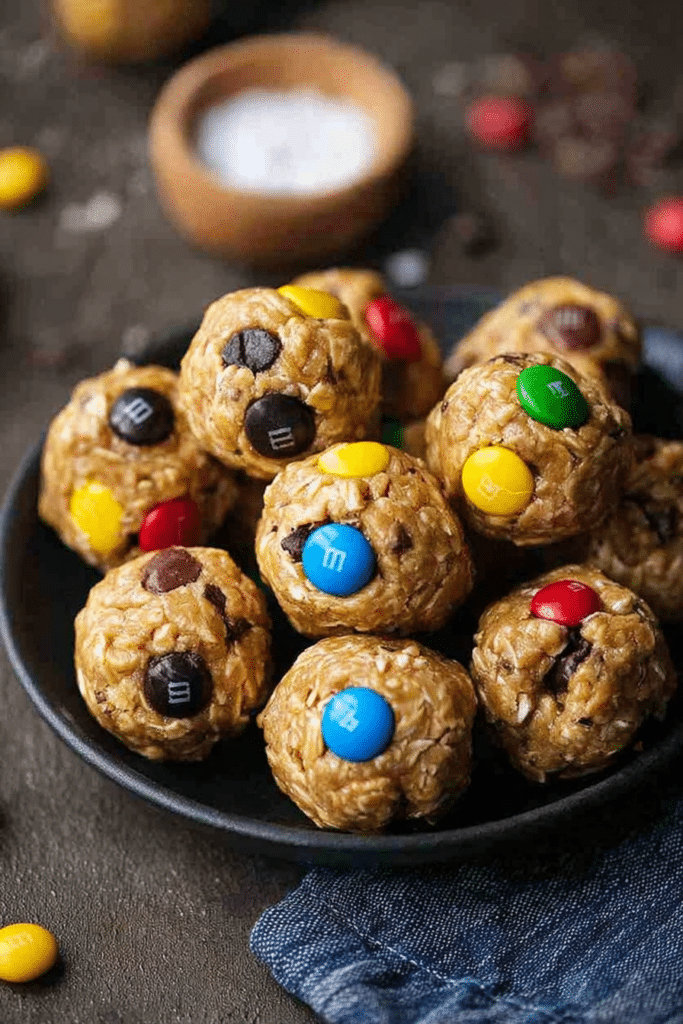Close-up of homemade quick monster cookie protein balls with chocolate chips and colorful candies on a wooden board.