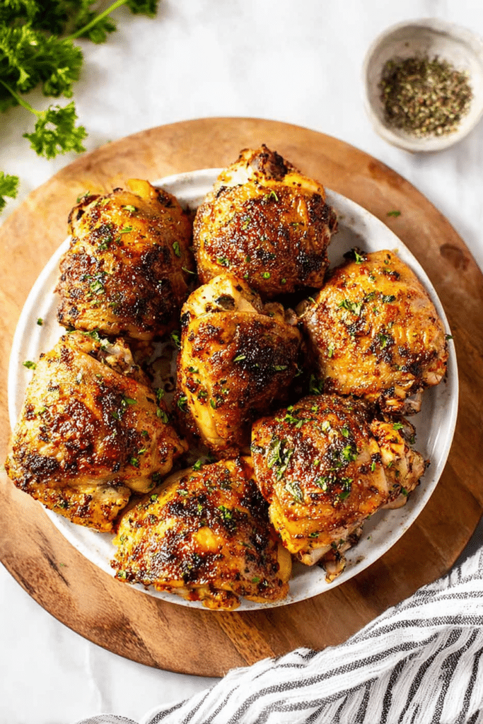 Juicy oven-baked chicken thighs garnished with herbs on a rustic wooden table, served with roasted vegetables.