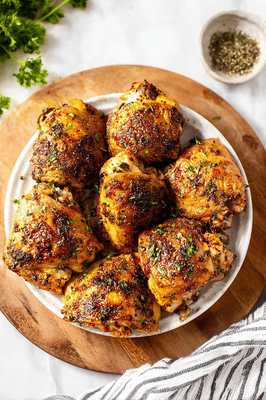 Juicy oven-baked chicken thighs garnished with herbs on a rustic wooden table, served with roasted vegetables.