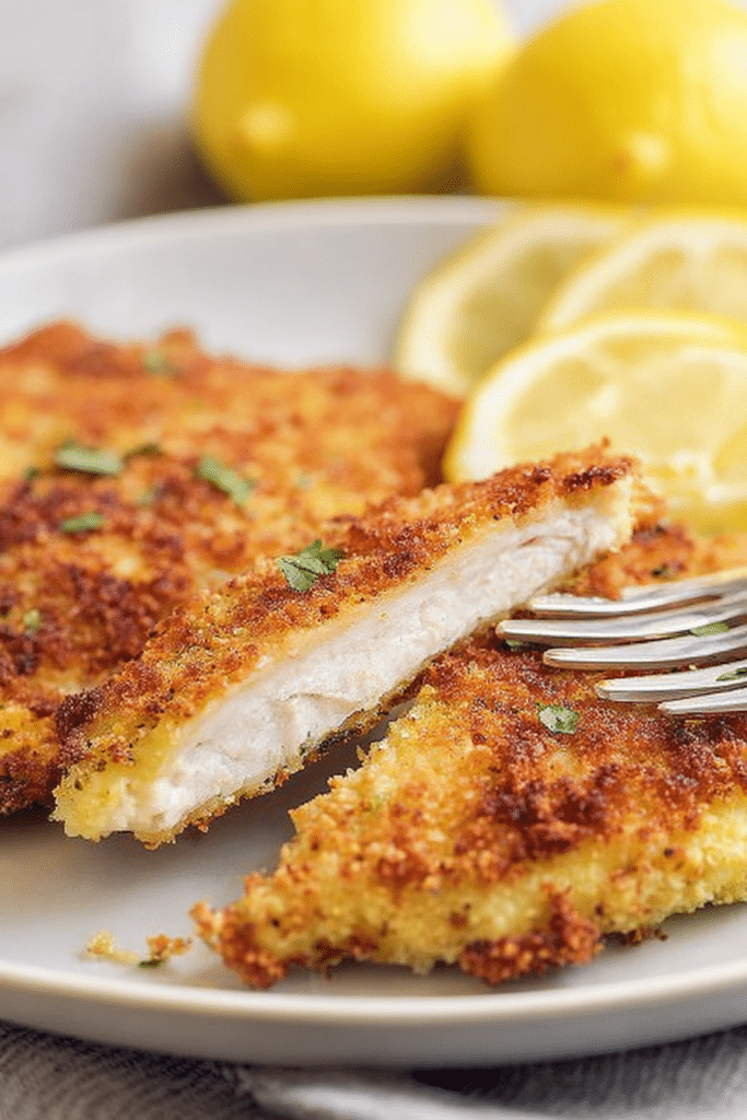 Delicious parmesan crusted chicken served with lemon wedges on a rustic wooden surface.