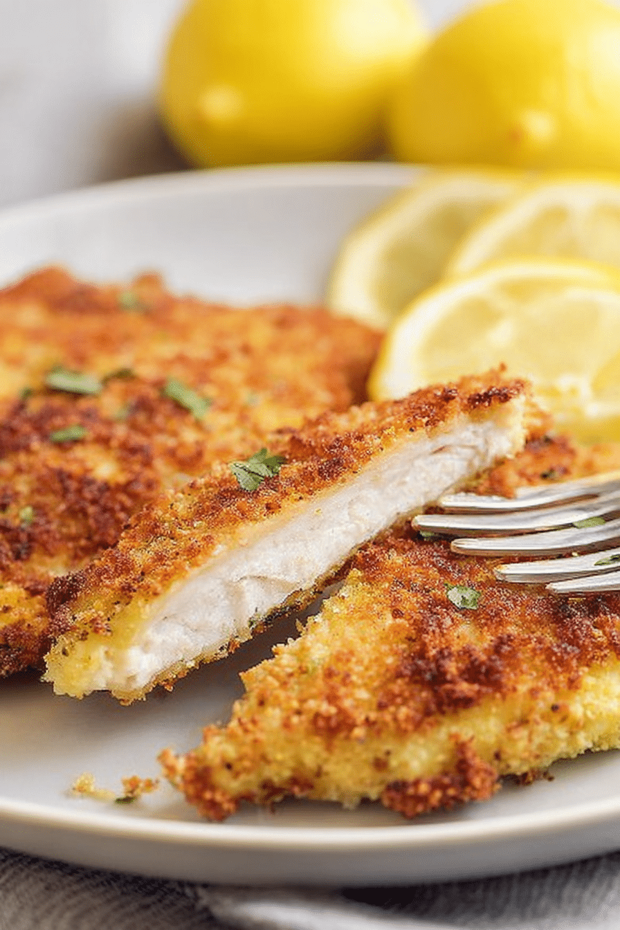 Delicious parmesan crusted chicken served with lemon wedges on a rustic wooden surface.
