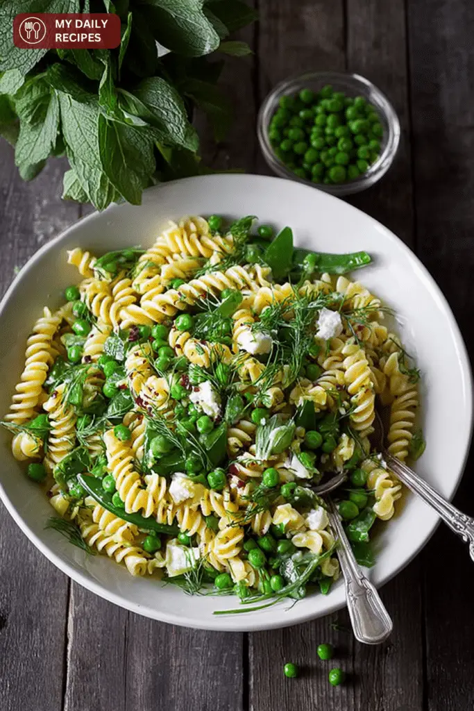 Pea pasta with fresh mint and truffle oil served in a bowl with lemon zest on a wooden table.