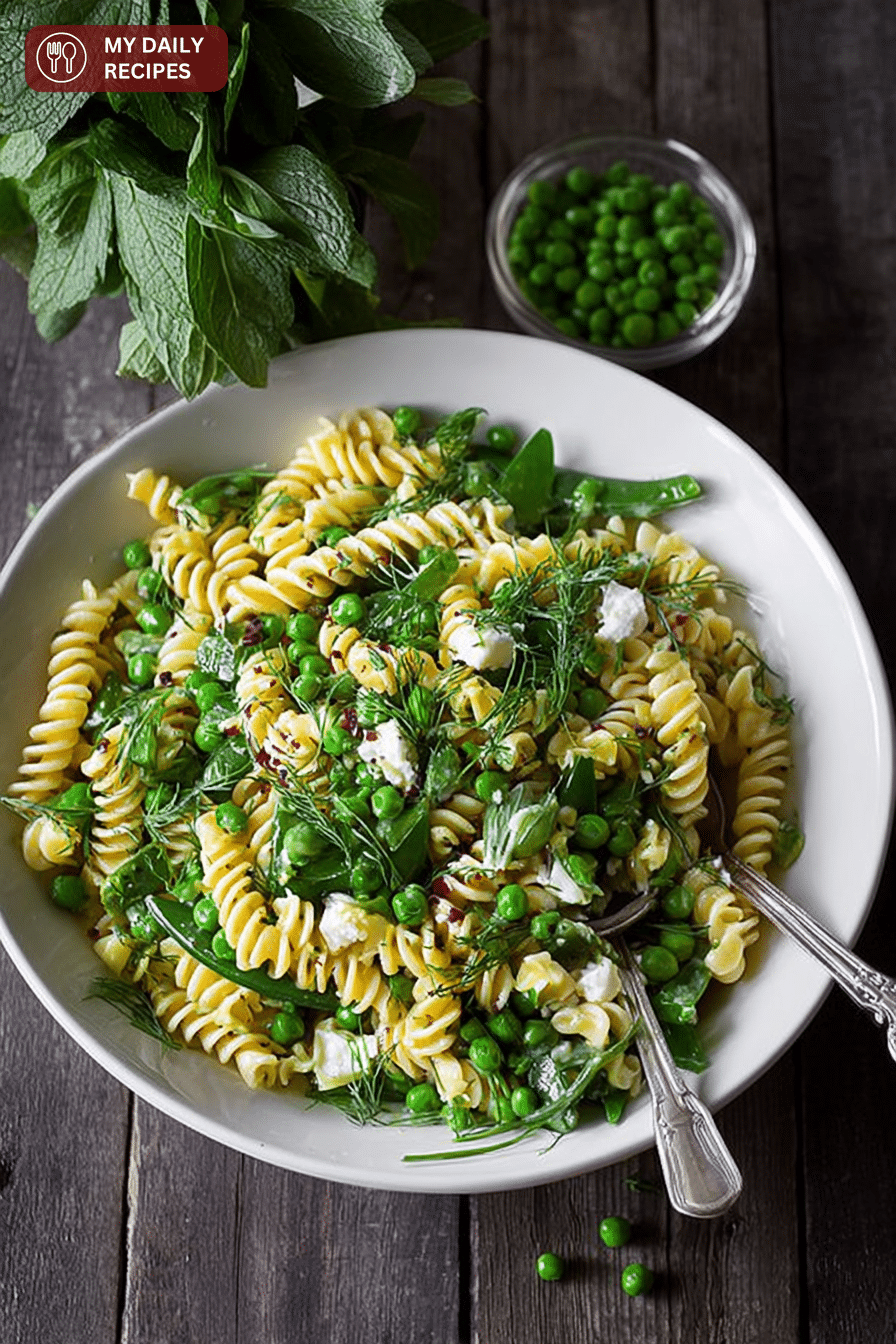 Pea pasta with fresh mint and truffle oil served in a bowl with lemon zest on a wooden table.