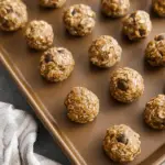 Delicious homemade peanut butter oat balls with chocolate chips on a wooden table.