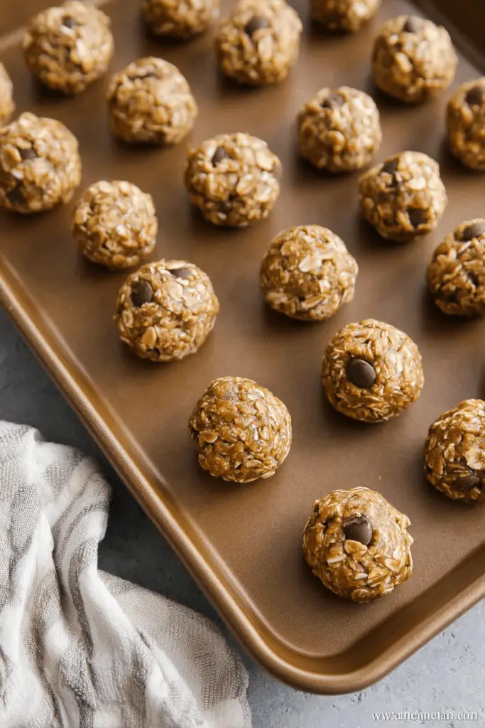 Delicious homemade peanut butter oat balls with chocolate chips on a wooden table.