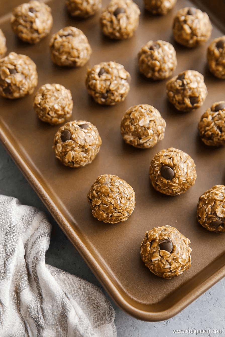 Delicious homemade peanut butter oat balls with chocolate chips on a wooden table.