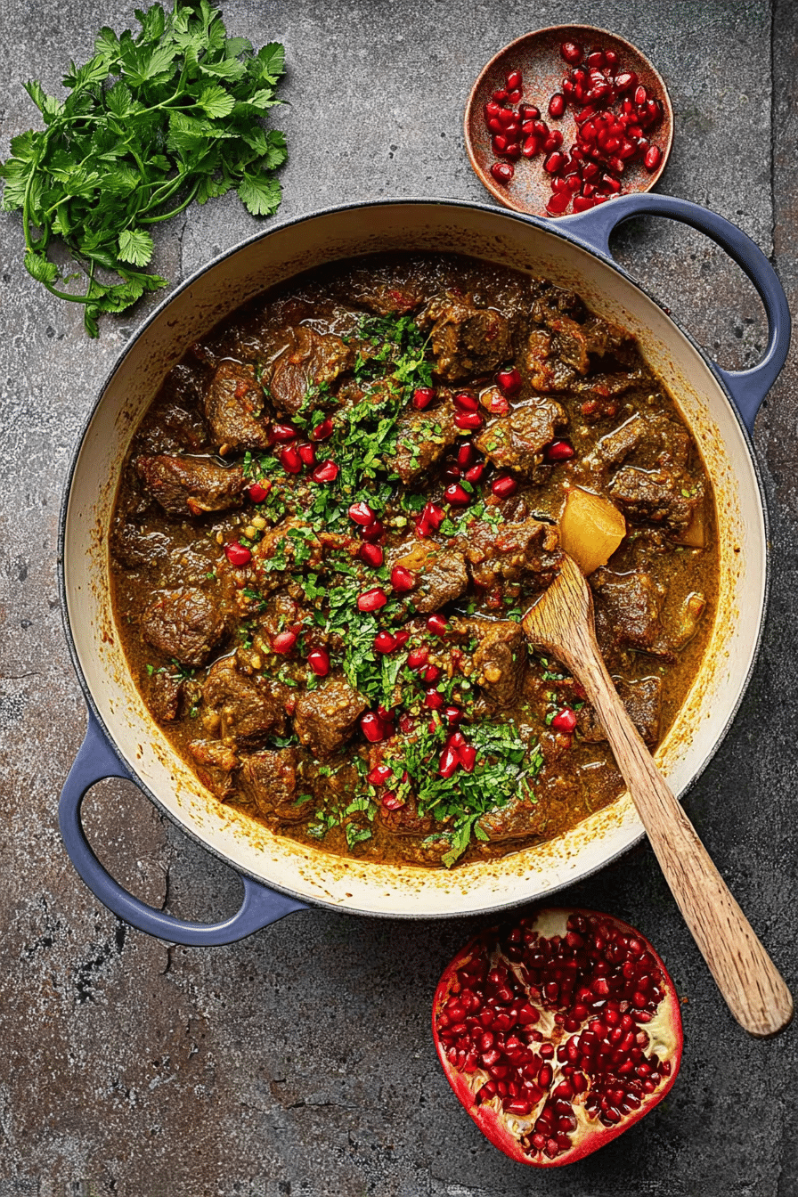 Delicious Persian lamb stew served in a bowl, garnished with herbs and pomegranate seeds, with fluffy basmati rice on the side.