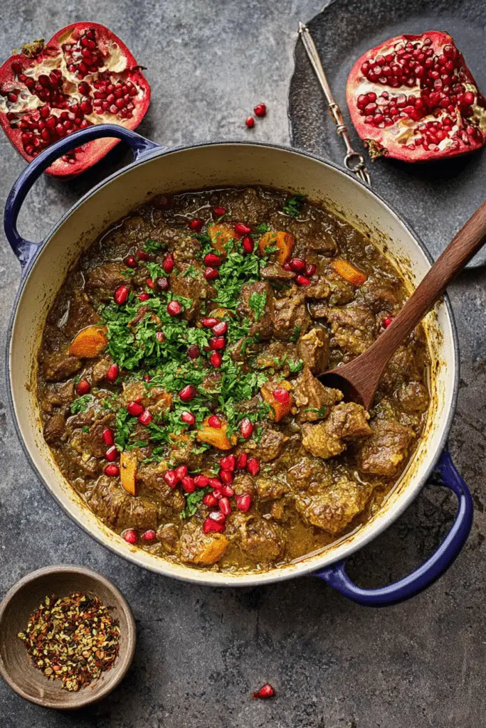 Delicious Persian lamb stew served with herbs and pomegranate, accompanied by basmati rice.