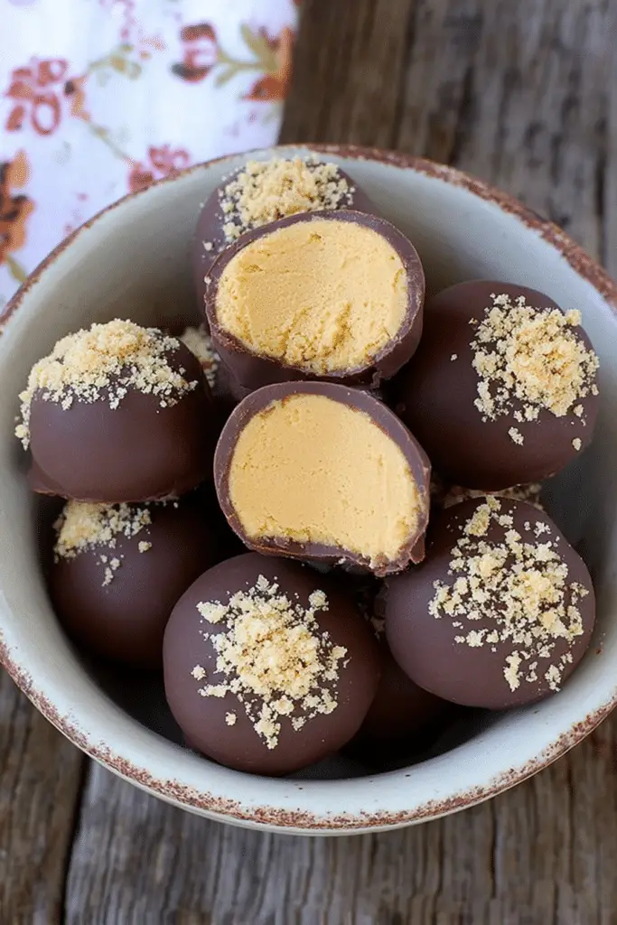 Delicious pumpkin cheesecake truffles on a plate with dark chocolate coating and sea salt.