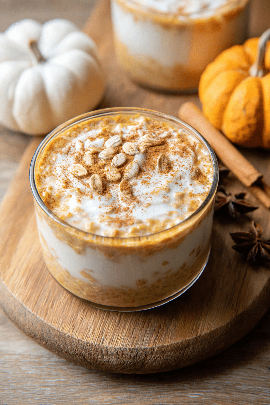 Delicious pumpkin pie overnight oats topped with white chocolate and pumpkin spice, perfect for breakfast.