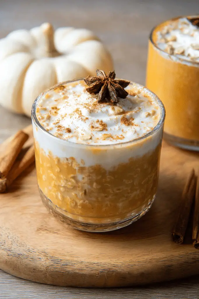 Close-up of pumpkin pie overnight oats topped with whipped cream and cinnamon in a rustic setting.