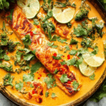 A delicious bowl of salmon coconut curry with colorful vegetables and aromatic herbs on top.