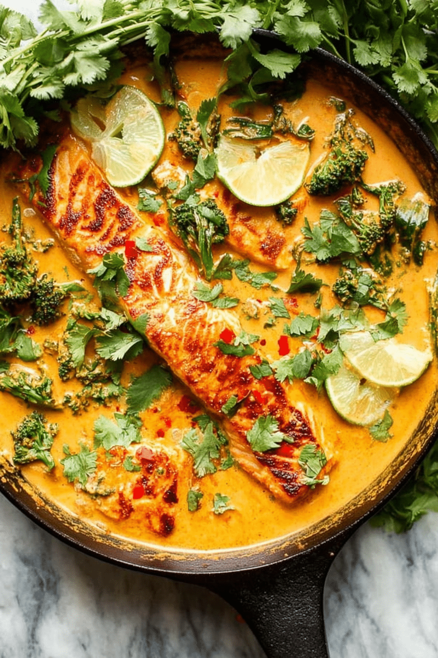 A delicious bowl of salmon coconut curry with colorful vegetables and aromatic herbs on top.