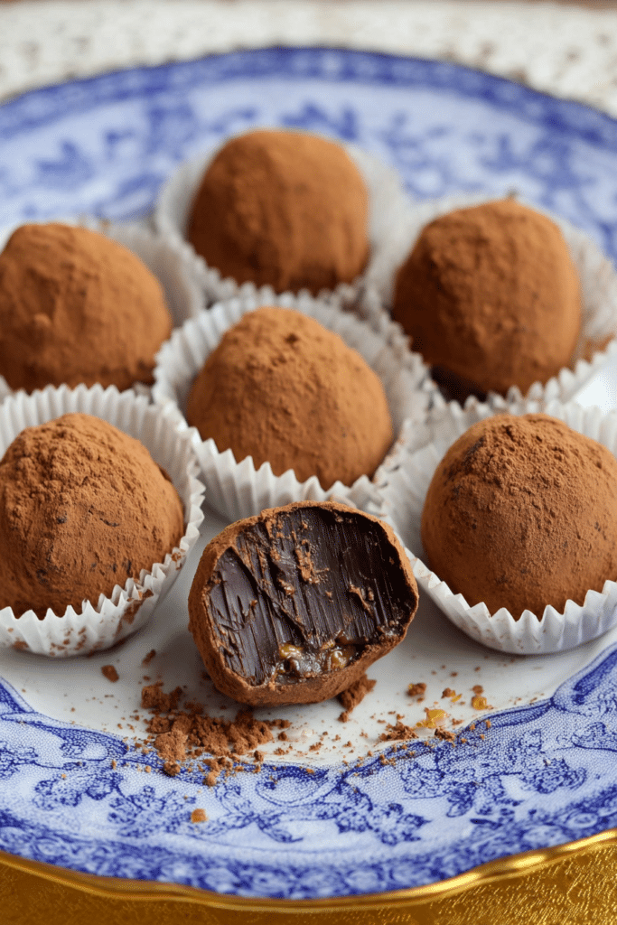 Delicious salted caramel chocolate truffles on a plate, topped with sea salt, perfect for dessert.