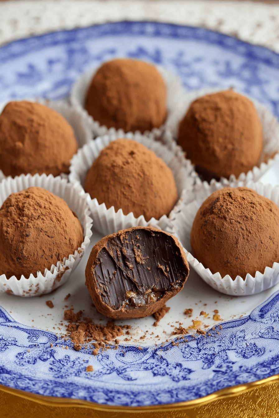 Delicious salted caramel chocolate truffles on a plate, topped with sea salt, perfect for dessert.
