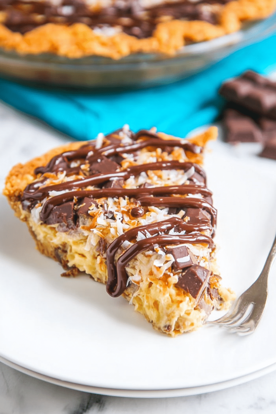 Slice of Samoa Cookie Pie garnished with chocolate drizzle and coconut flakes on a rustic table.