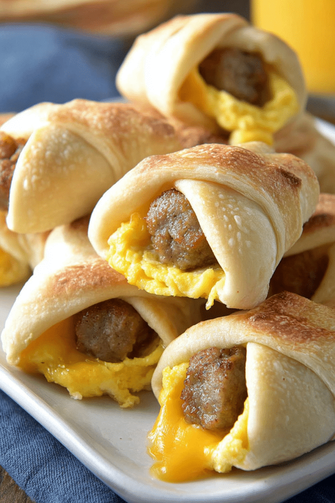 Delicious sausage and egg roll ups topped with herbs on a wooden table, served with dipping sauce.