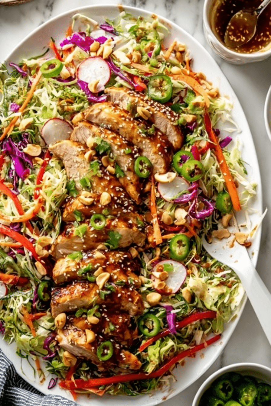 Colorful sesame chicken salad with grilled chicken, cabbage, and almonds on a wooden table.