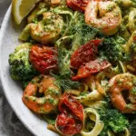 Delicious shrimp pasta with dill pesto and garlic roasted tomatoes, garnished with lemon and fresh dill.