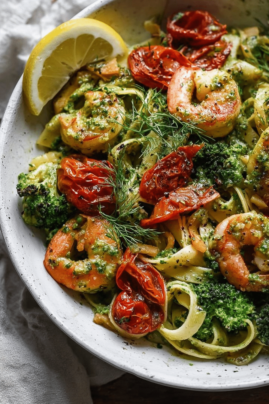 Delicious shrimp pasta with dill pesto and garlic roasted tomatoes, garnished with lemon and fresh dill.