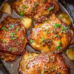 Close-up of Slow Cooker Brown Sugar Garlic Chicken garnished with parsley on a plate.