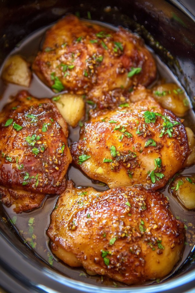 Close-up of Slow Cooker Brown Sugar Garlic Chicken garnished with parsley on a plate.
