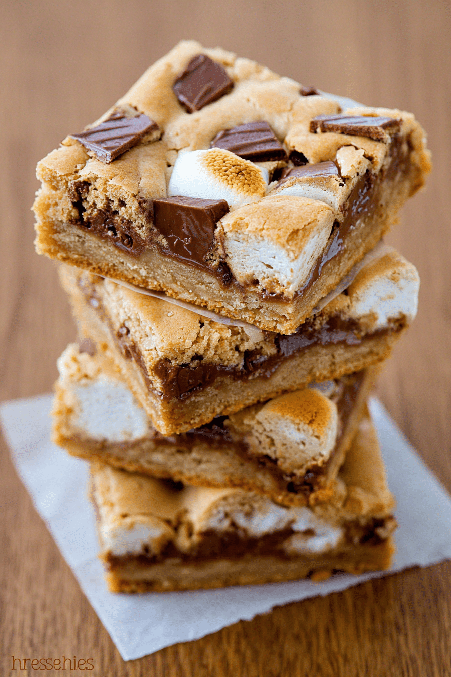 Delicious s'mores bars cut into squares, topped with chocolate and marshmallows on a rustic wooden background.