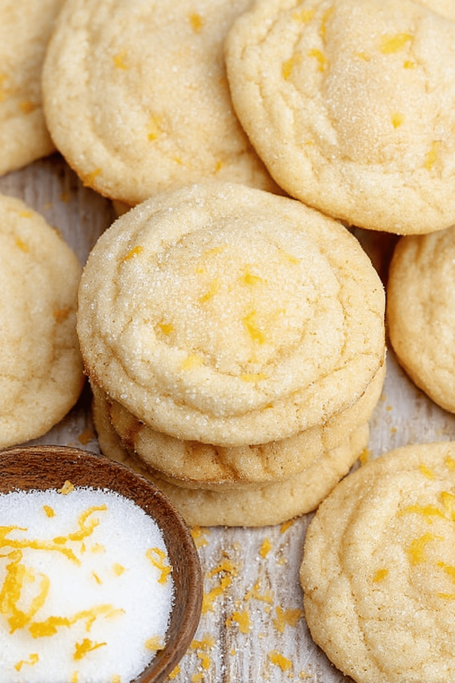 Stack of soft and chewy lemon cookies sprinkled with lemon zest and sugar, highlighting their fluffy texture.