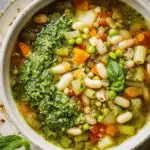 A bowl of Soupe au Pistou topped with basil and pistou, surrounded by fresh vegetables