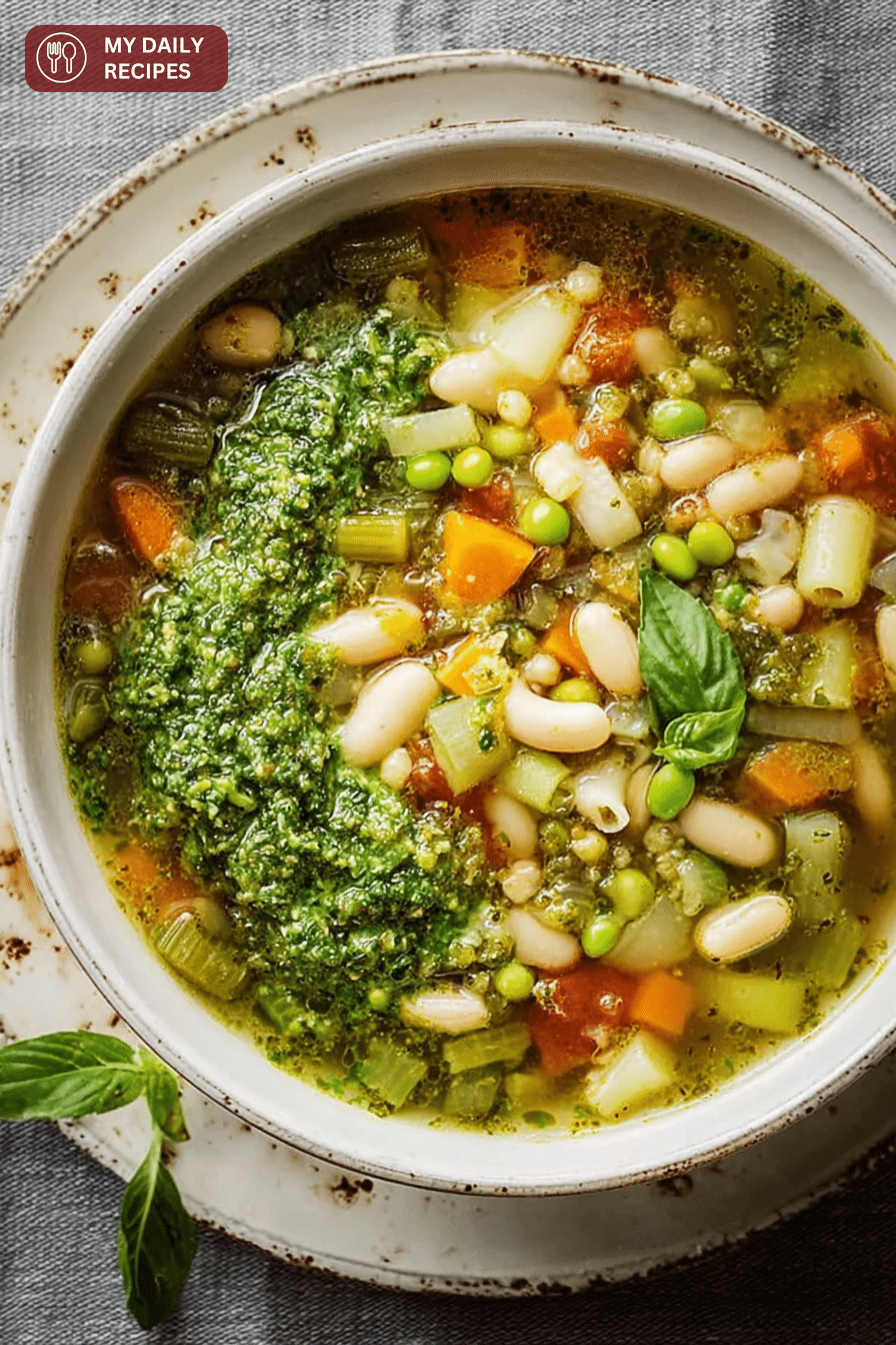 A bowl of Soupe au Pistou topped with basil and pistou, surrounded by fresh vegetables