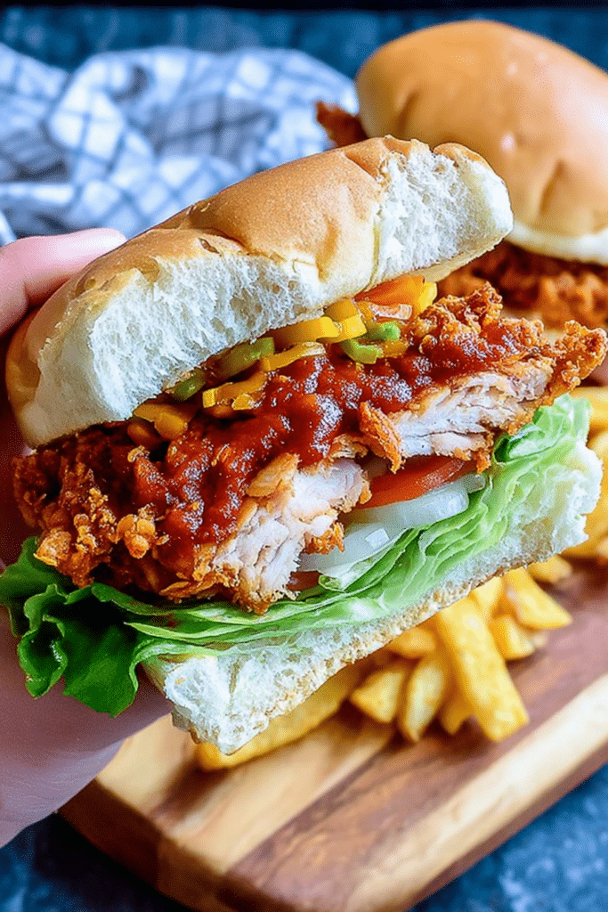 Close-up of a spicy crispy chicken burger with melted cheese and fresh lettuce, highlighting its crispy texture and juicy filling.