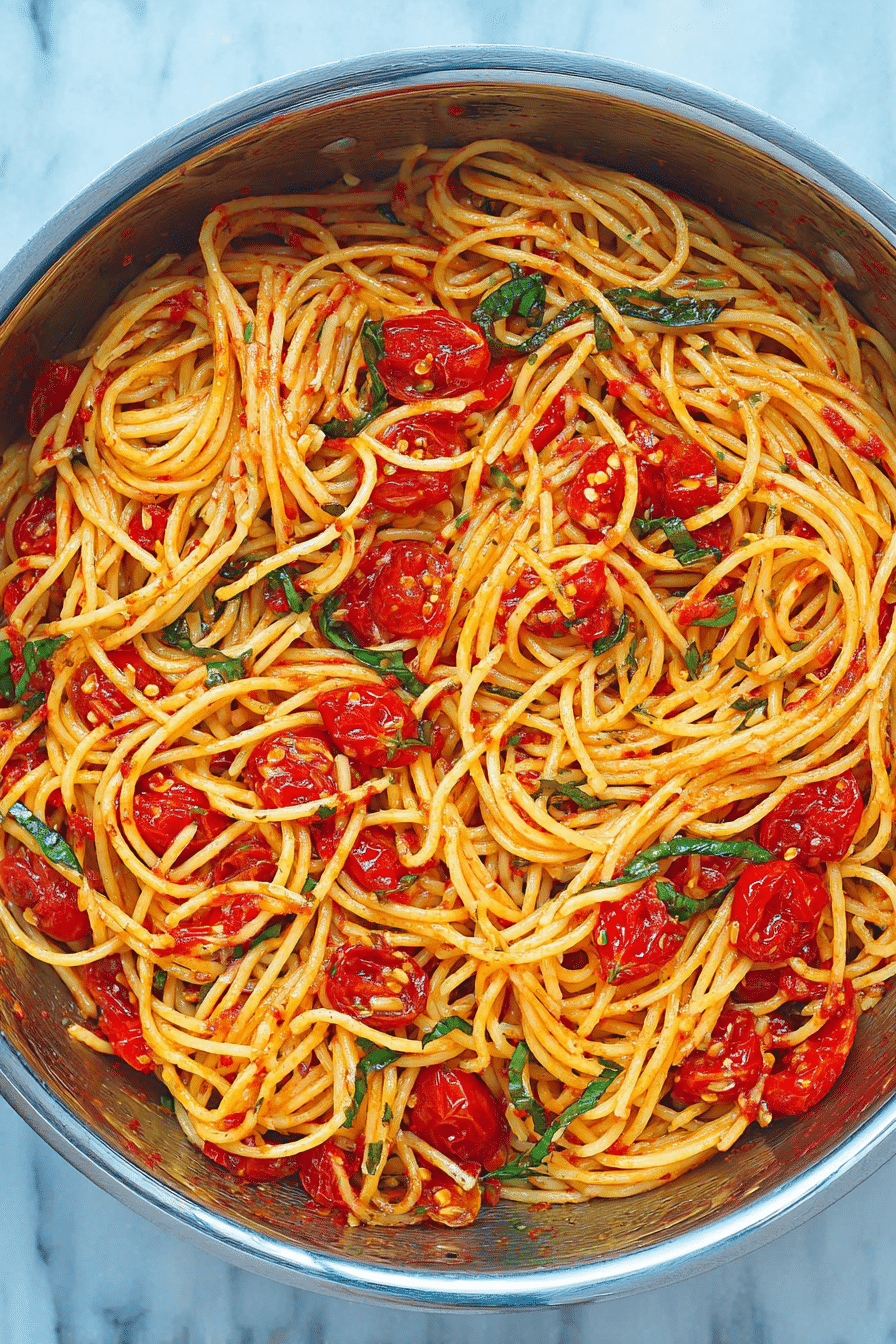 A delicious plate of spicy spaghetti adorned with fresh basil, cherry tomatoes, and parmesan on a wooden table.