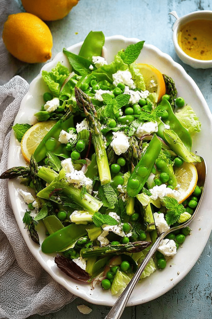 Colorful spring salad with asparagus, snow peas, baby cos lettuce, and goat cheese arranged on a wooden table.