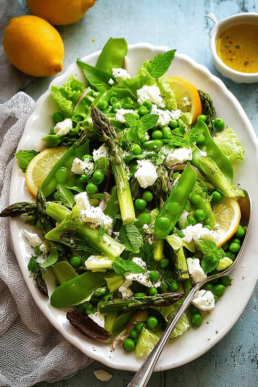 Colorful spring salad with asparagus, snow peas, baby cos lettuce, and goat cheese arranged on a wooden table.