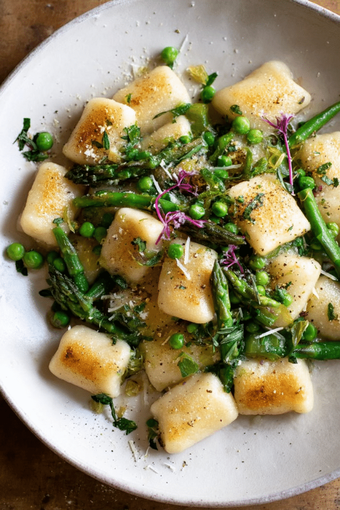 Close-up of spring vegetable brown butter gnocchi with asparagus and peas in a bowl.