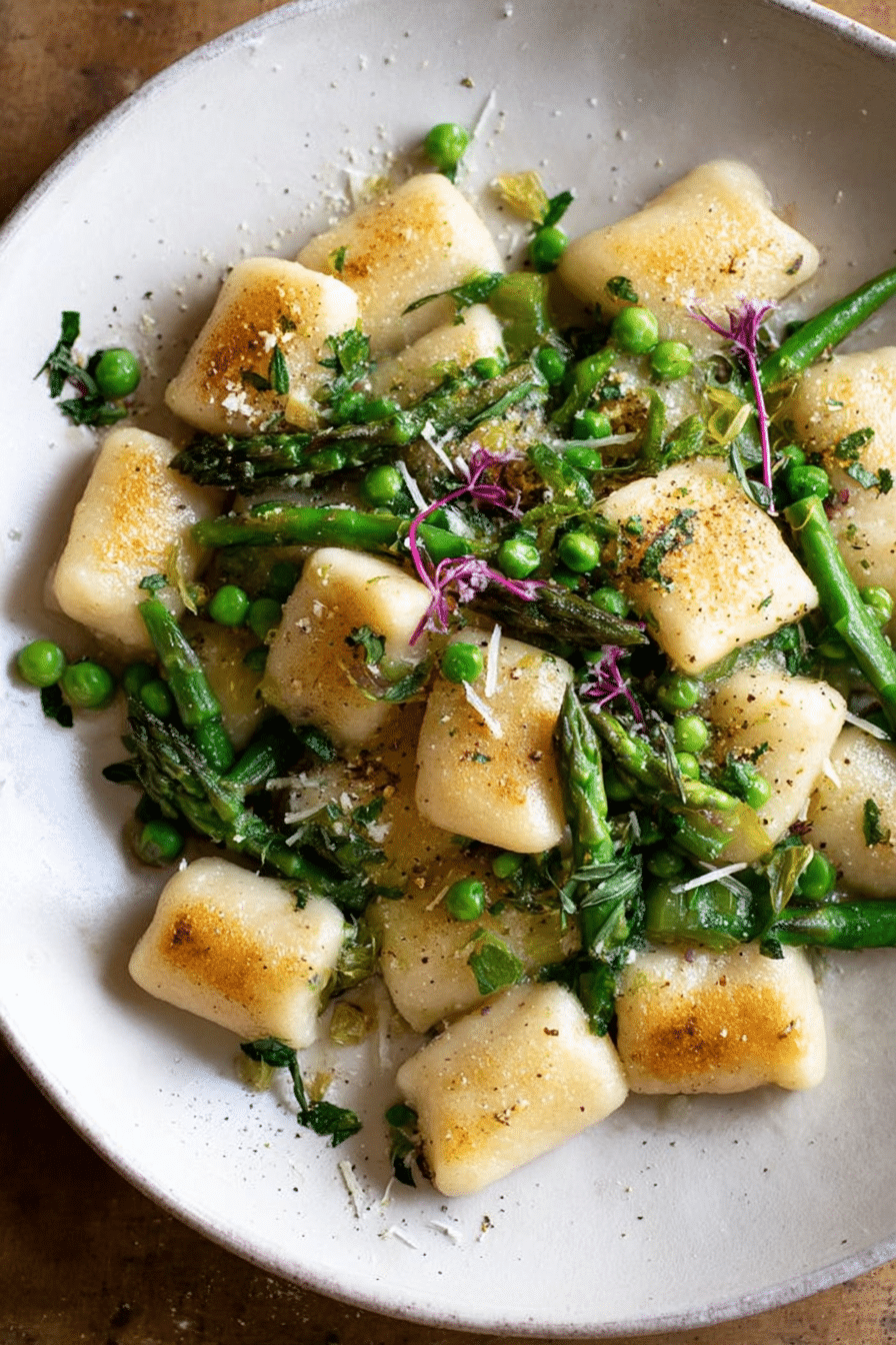 Close-up of spring vegetable brown butter gnocchi with asparagus and peas in a bowl.
