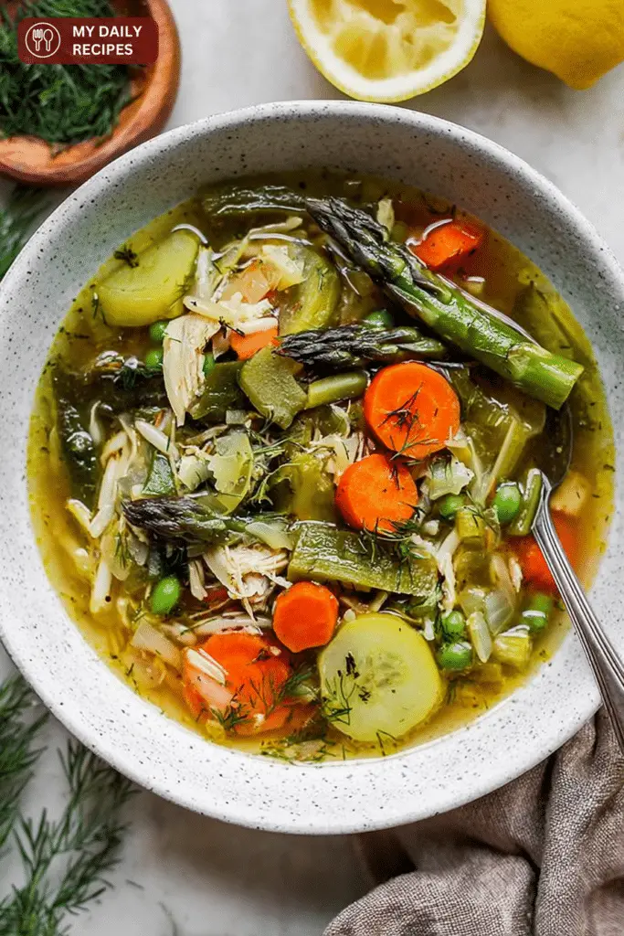 A bowl of spring vegetable soup filled with colorful vegetables and fresh dill, highlighting a healthy meal.